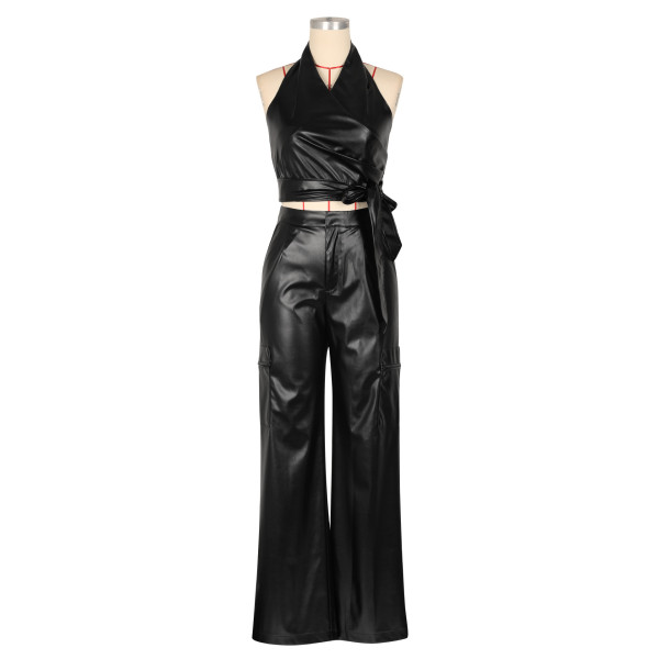 PU leather sleeveless hanging neck set, leather pants two-piece set