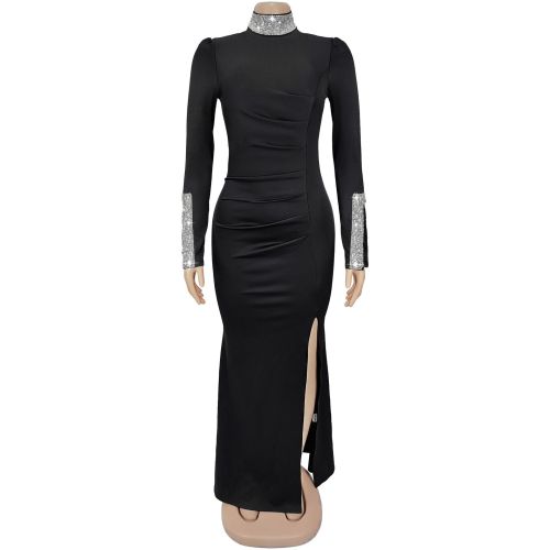 Women's long sleeved rhinestone split dress
