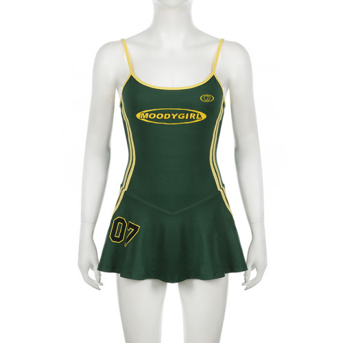 Strap digital striped ribbon contrasting A-line dress