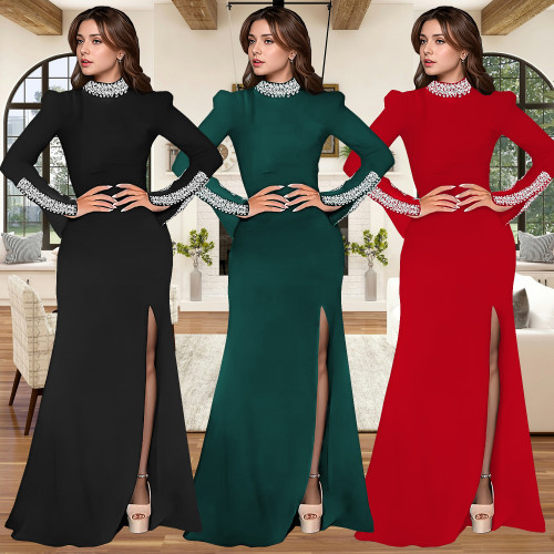 Women's long sleeved rhinestone split dress