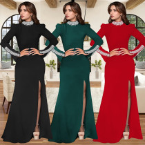 Women's long sleeved rhinestone split dress Women's long sleeved rhinestone split dress