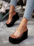 Transparent open toed thick sole with a straight stripe, wearing cool slippers outside