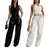 PU leather sleeveless hanging neck set, leather pants two-piece set