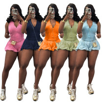 Washed sleeveless jumpsuit bubble shorts