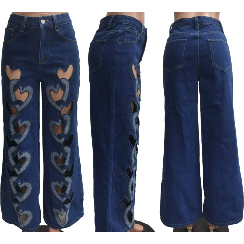 Elastic jeans with hollowed out embroidery and heart-shaped straight leg pants