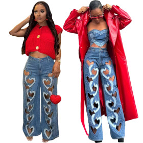 Elastic jeans with hollowed out embroidery and heart-shaped straight leg pants