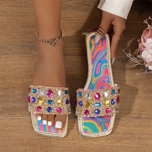 Colorful rhinestone flat slippers, outdoor beach shoes