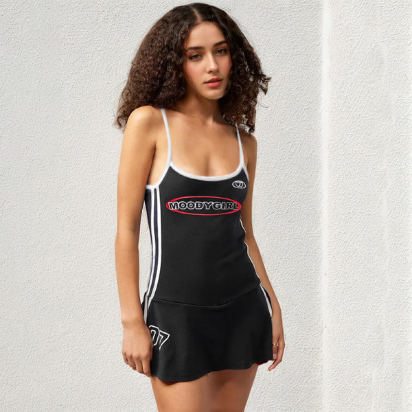 Strap digital striped ribbon contrasting A-line dress