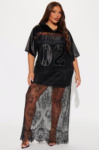 Printed loose perspective lace patchwork T-shirt short sleeved skirt