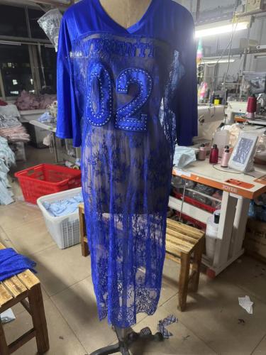 Printed loose perspective lace patchwork T-shirt short sleeved skirt