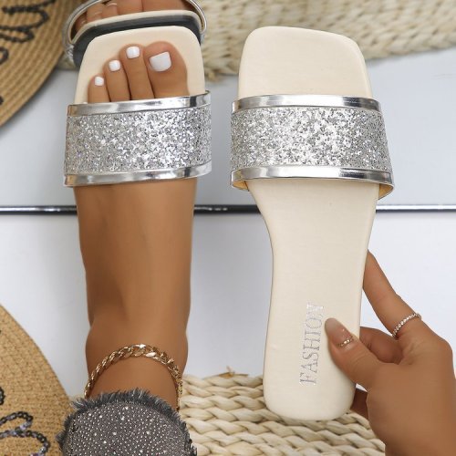 Sparkling one-piece slippers, square toe open toed flat bottomed beach shoes