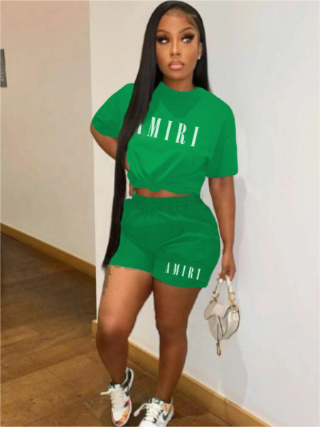 Printed round neck short sleeved shorts two-piece set