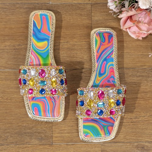 Colorful rhinestone flat slippers, outdoor beach shoes