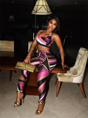 Color blocking printed top, vest, pants set