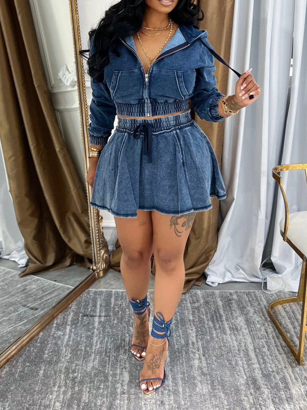 Washed denim skirt set