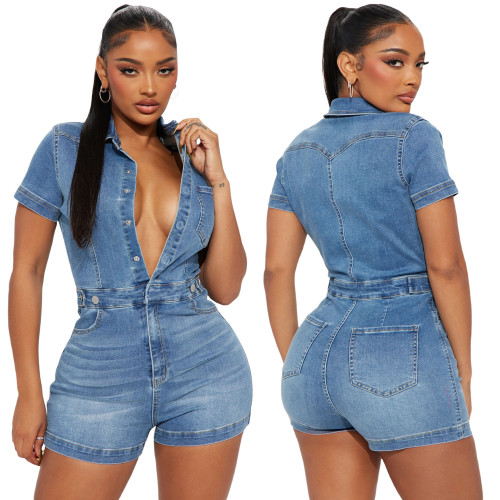 High stretch short sleeved denim jumpsuit