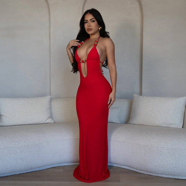 Deep V-neck beaded backless strapless long skirt dress