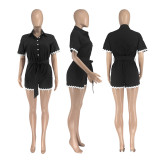 Lace cotton linen lapel tie waist cinching jumpsuit shorts