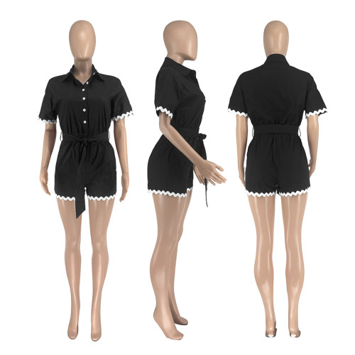 Lace cotton linen lapel tie waist cinching jumpsuit shorts