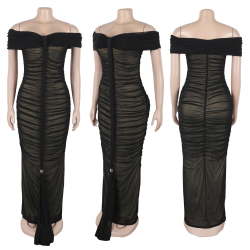 Pleated mesh ultra long dress