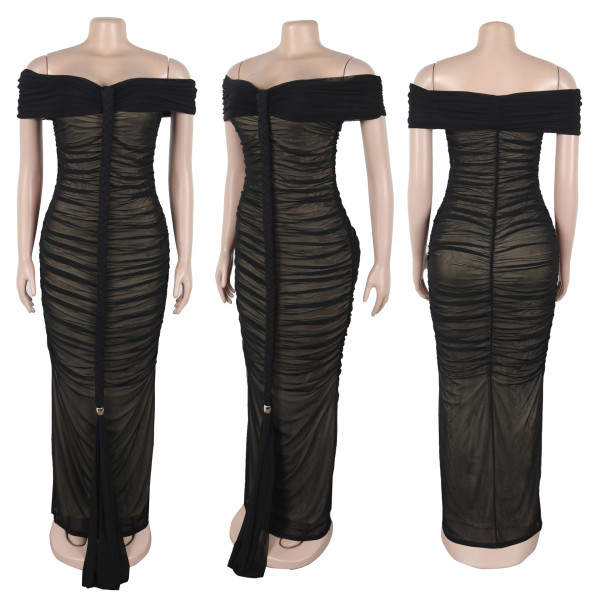 Pleated mesh ultra long dress