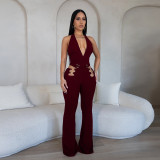 Deep V hollow metal buckle one-piece pants
