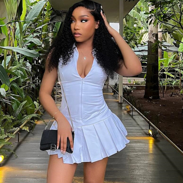 Solid color sleeveless lapel zipper pleated skirt