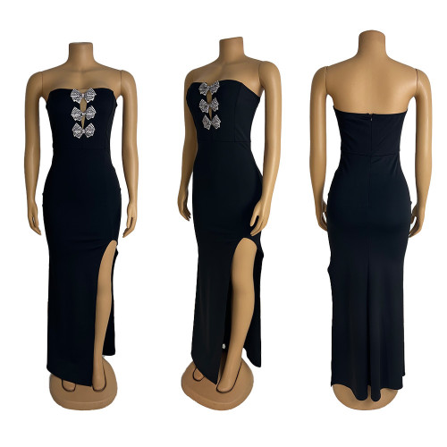 High slit diamond embellished bow strapless dress