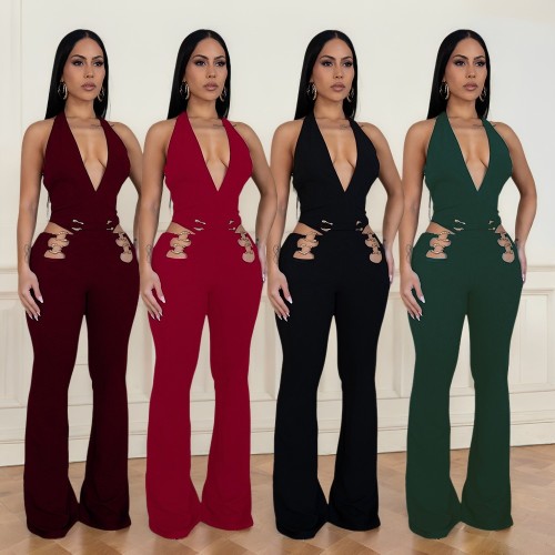 Deep V hollow metal buckle one-piece pants