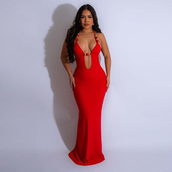 Deep V-neck beaded backless strapless long skirt dress