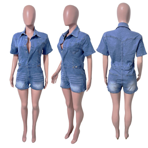 High stretch short sleeved denim jumpsuit