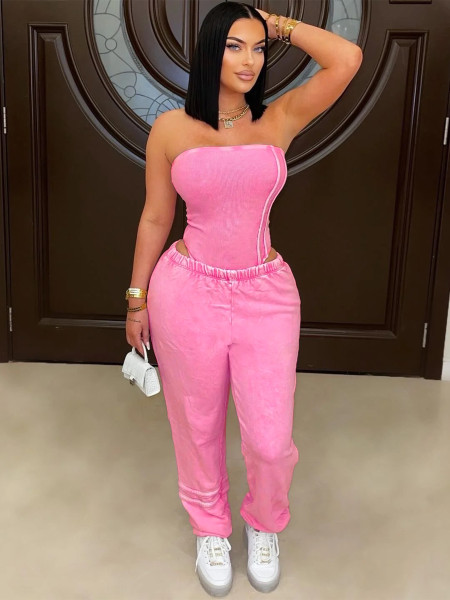 Washed, worn, strapless, slim fitting jumpsuit, loose fitting, foot binding two-piece set