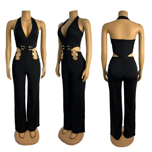 Deep V hollow metal buckle one-piece pants