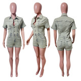 High stretch short sleeved denim jumpsuit