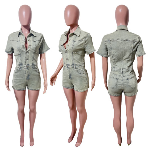 High stretch short sleeved denim jumpsuit
