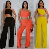 Hanging neck, strapless, pleated, tied rope wide leg jumpsuit