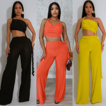 Hanging neck, strapless, pleated, tied rope wide leg jumpsuit
