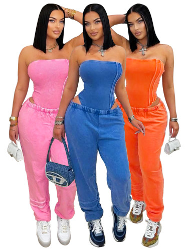 Washed, worn, strapless, slim fitting jumpsuit, loose fitting, foot binding two-piece set