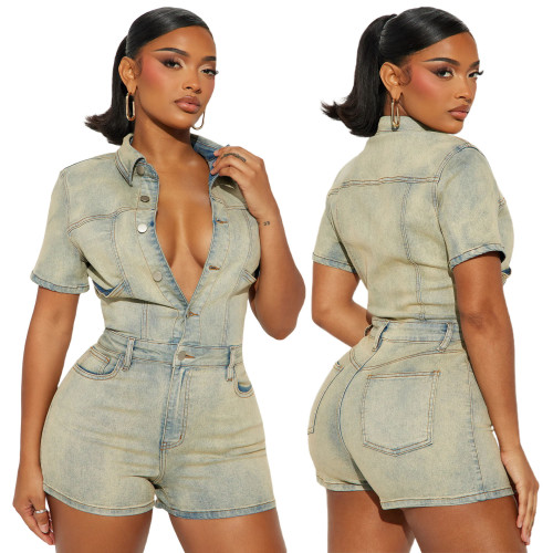 High stretch short sleeved denim jumpsuit