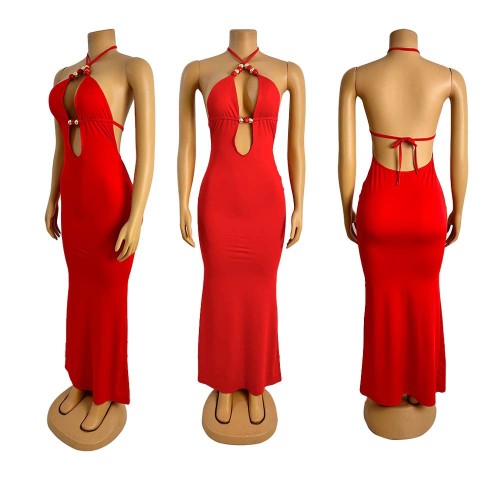 Deep V-neck beaded backless strapless long skirt dress