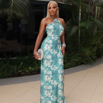 Backless hanging neck bag buttocks skirt abstract printed long dress