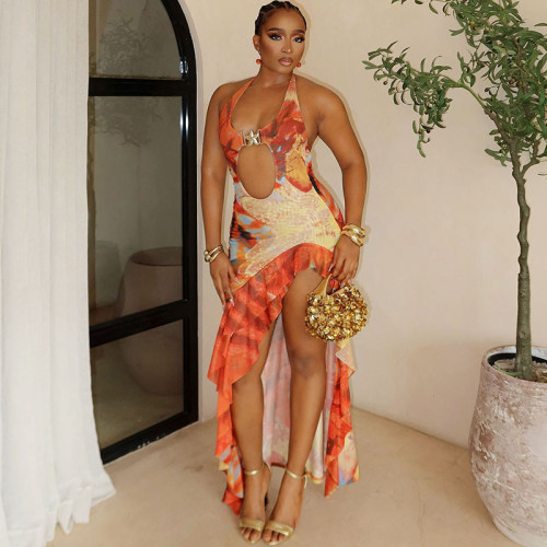 Hanging neck backless contrasting ruffle edge dress