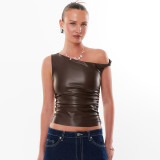 Sleeveless leather T-shirt top with slanted shoulders and twisted pleats, tight fitting waist revealing vest