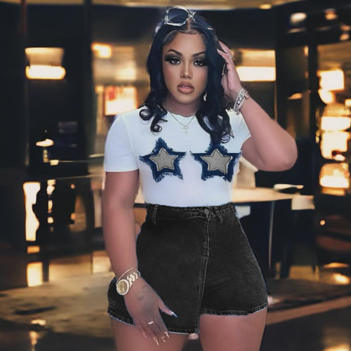 Splicing tassel pentagram exposed navel round neck T-shirt