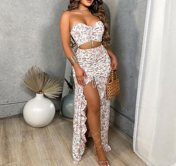 Two piece set with pleated ruffle edge dress and printed design