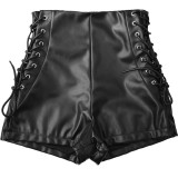 Large size faux leather high waisted elastic shorts