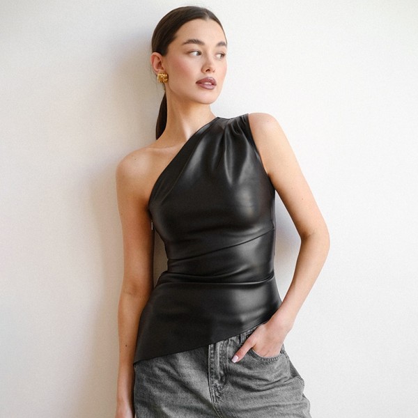 Women's single shoulder sleeveless vest with slanted collar zipper top