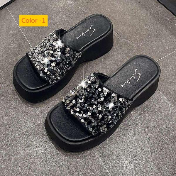 Thick bottomed sequined slope and waterproof platform anti slip slippers
