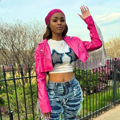 Splicing tassel pentagram exposed navel round neck T-shirt