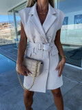 Suit collar sleeveless double breasted dress with waistband included